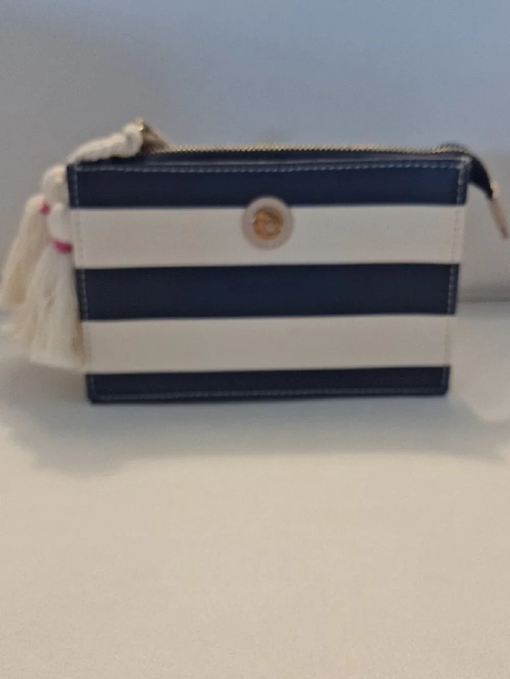 Gorgeous Spartina Striped Navy and White Leather Wristlet Pouch with Tassel